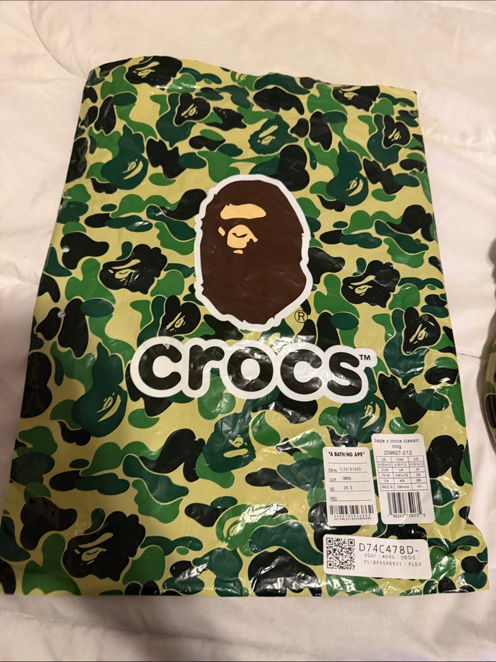 CROCS Green & Black Camo Packaging with Ape Logo